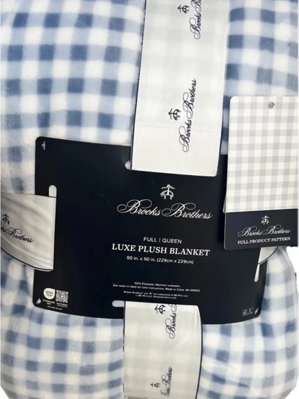 Brooks Brothers Luxe Blue and White Checkered Plush Full/Queen Blanket 90”x90”
